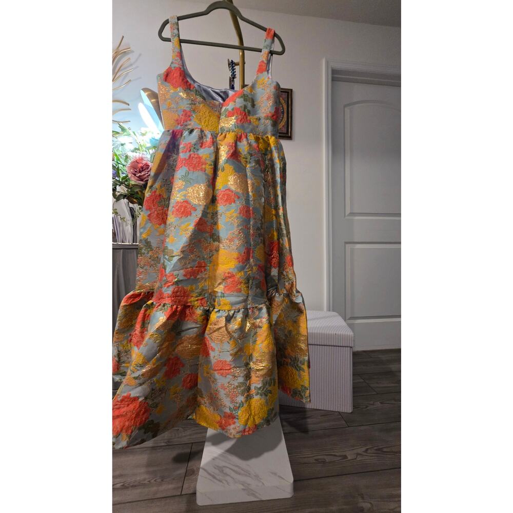 Mac Duggal Floral Brocade Maxi Dress in Coral, Yellow and Gray-Blue - Picture 8 of 8